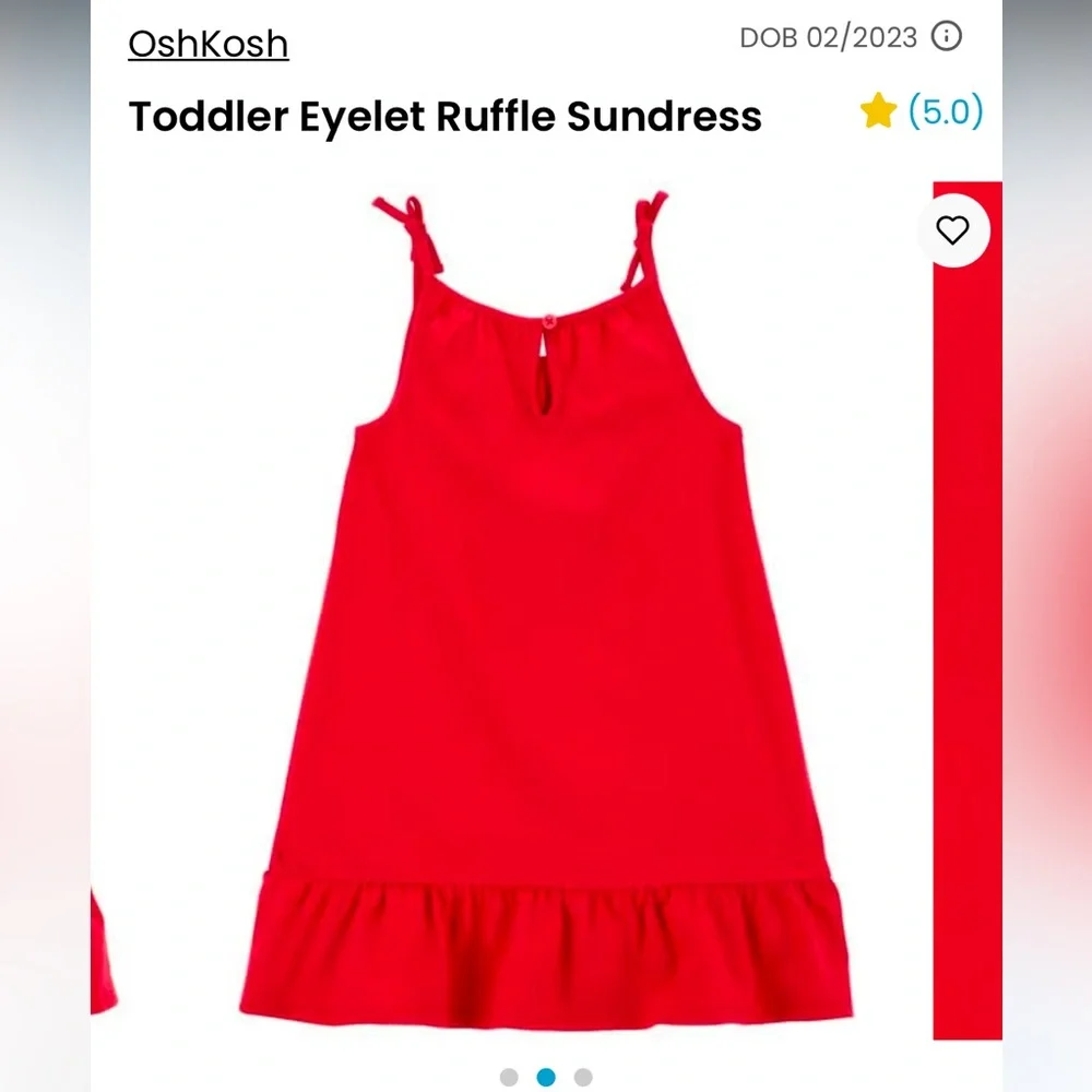 OshKosh B’gosh Girls 2T Red Eyelet Ruffle Hem Tie Strap Dress